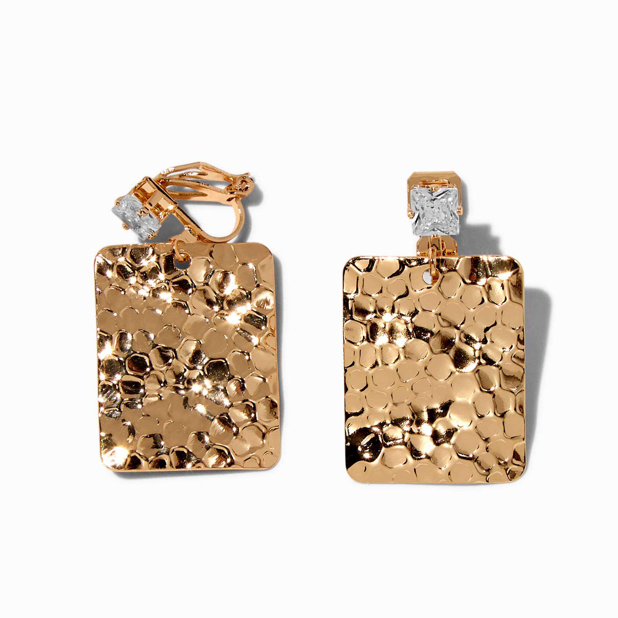 View Claires Tone Hammered Square Clip On Drop Earrings Gold information