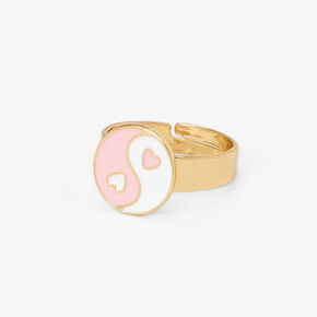 Rose Gold Pink Heart Yin Yang Round Adjustable Ring,