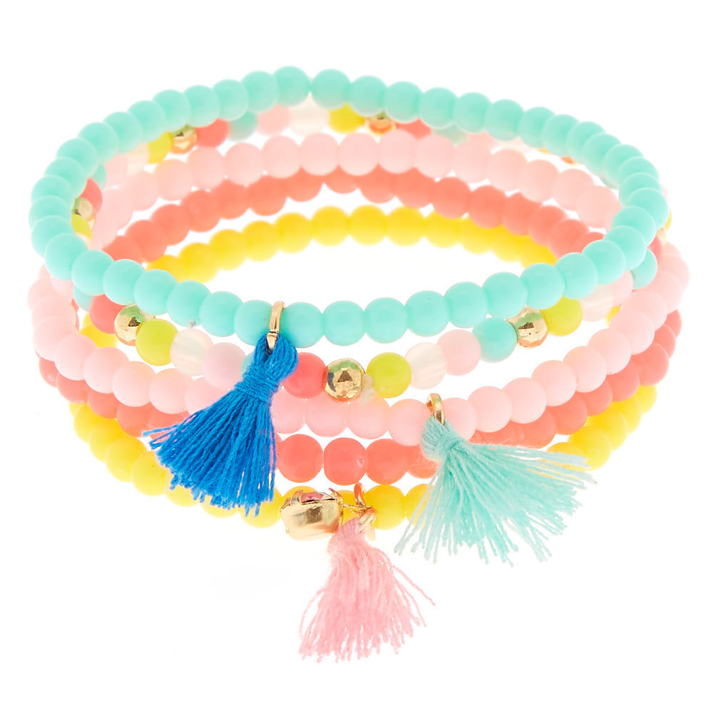 Claire's Club Pastel Beaded Tassel Stretch Bracelets - 5 Pack,