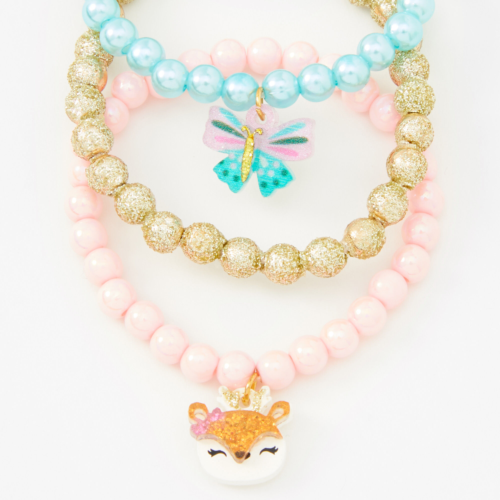 Claire's Club Fox Buttterfly Beaded Stretch Bracelets - Pink, 3 Pack,