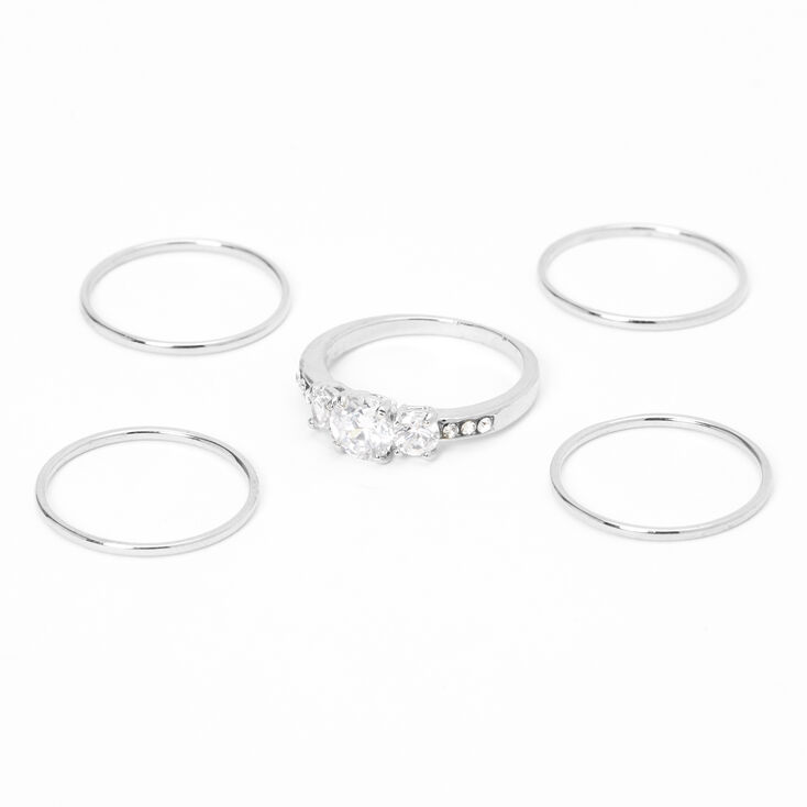 Silver Simple Cubic Zirconia Stone Rings - 5 Pack,