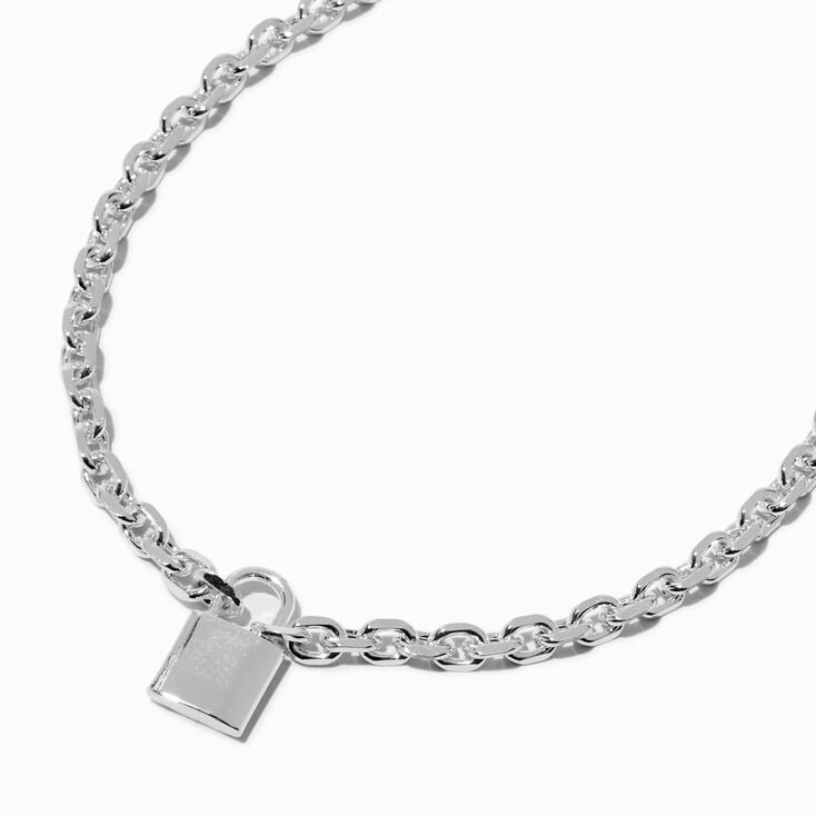 Silver-tone Cable Chain Lock Pendant Necklace ,