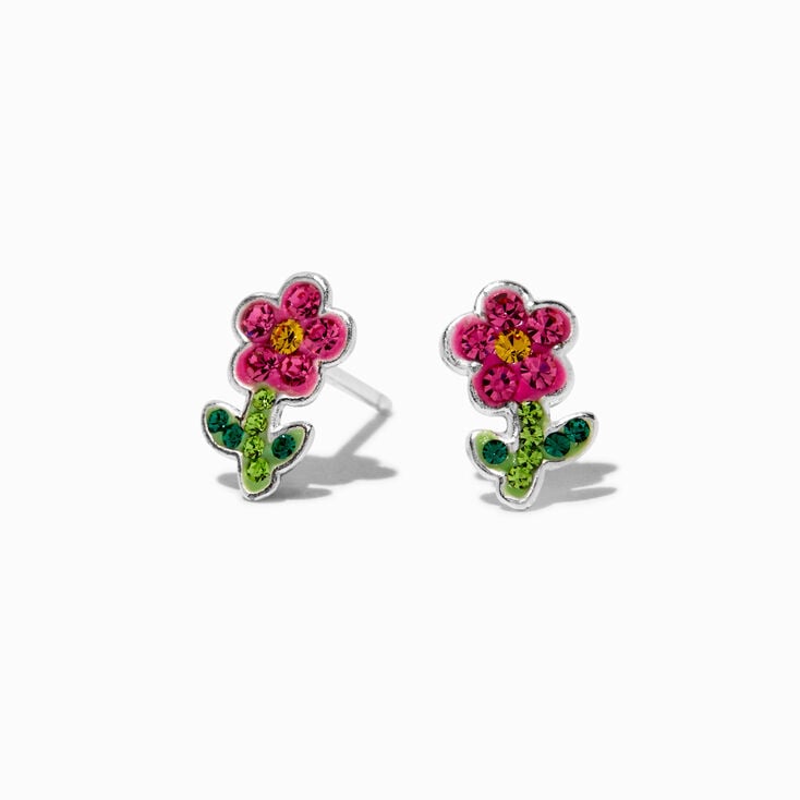 Flower Stud Earrings with Pink Crystal Sterling Silver Flower Stud Earrings with Pink Crystal Sterling Silver