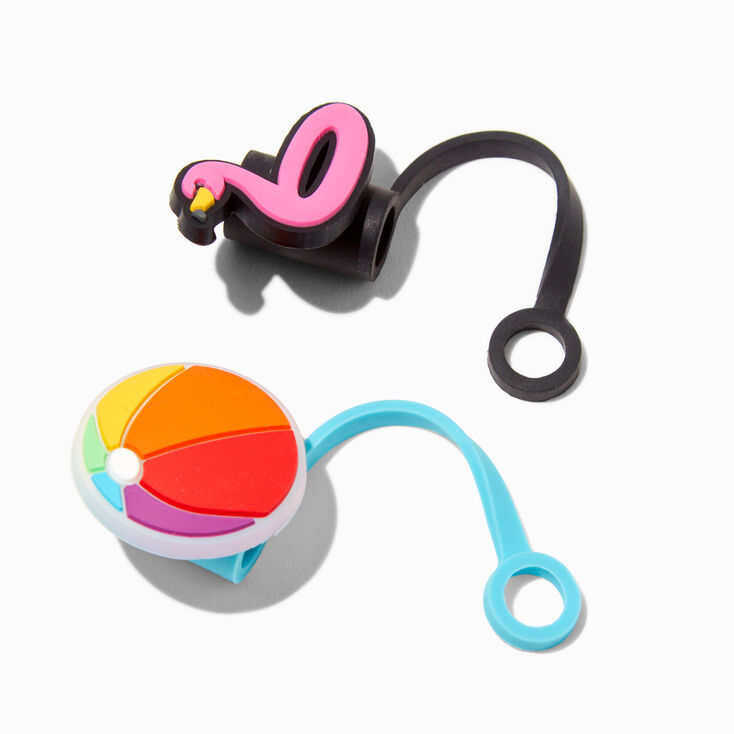 Pink Flamingo &amp; Beach Ball Straw Covers - 2 Pack,