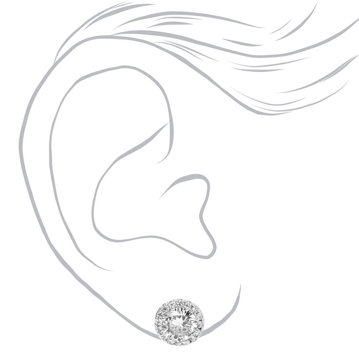 Silver Round Cubic Zirconia Halo Stud Earrings,