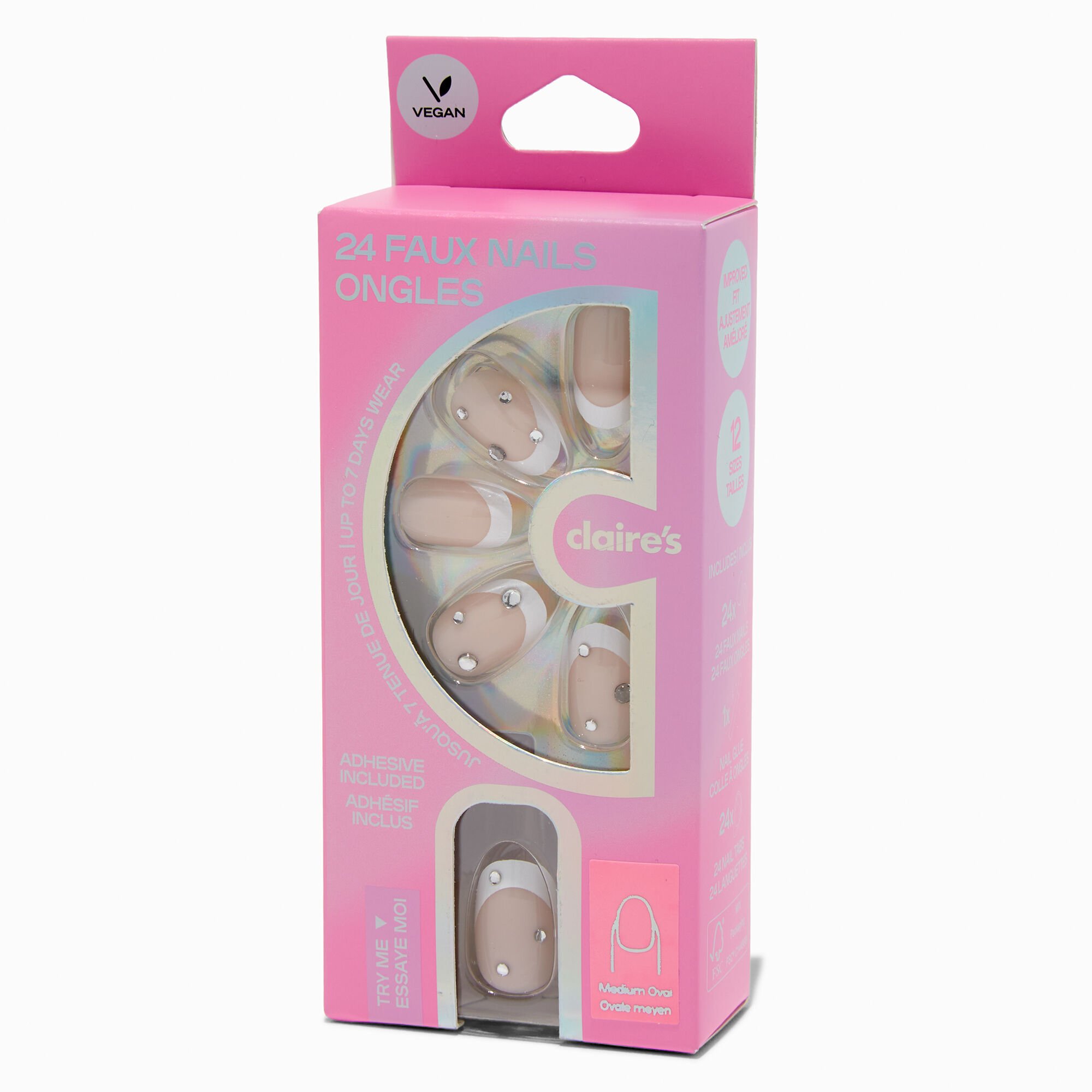 French Tip Bling Medium Oval Vegan Faux Nail Set - 24 Pack,
