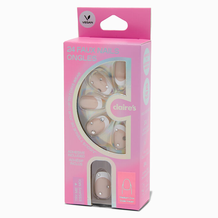French Tip Bling Medium Oval Vegan Faux Nail Set - 24 Pack,