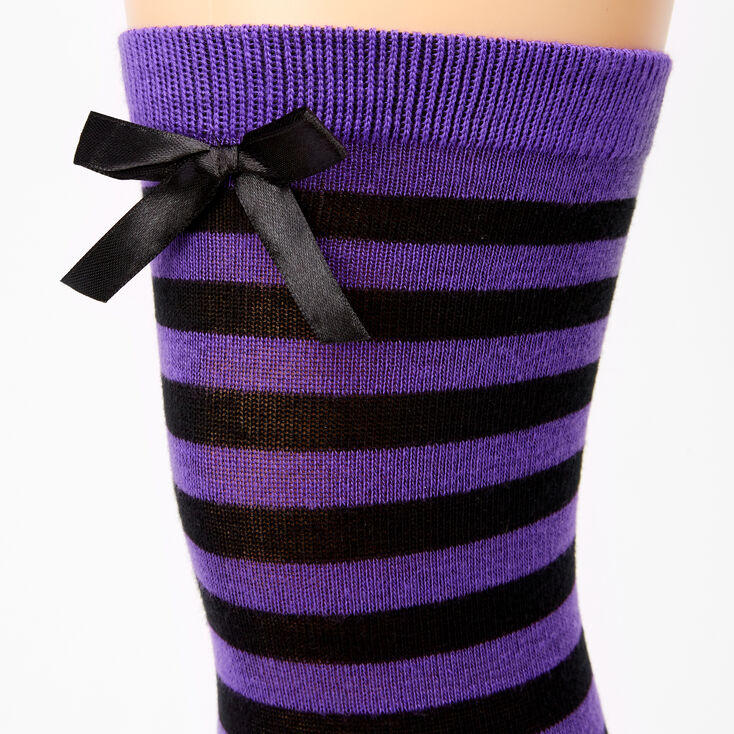 purple and white striped knee high socks