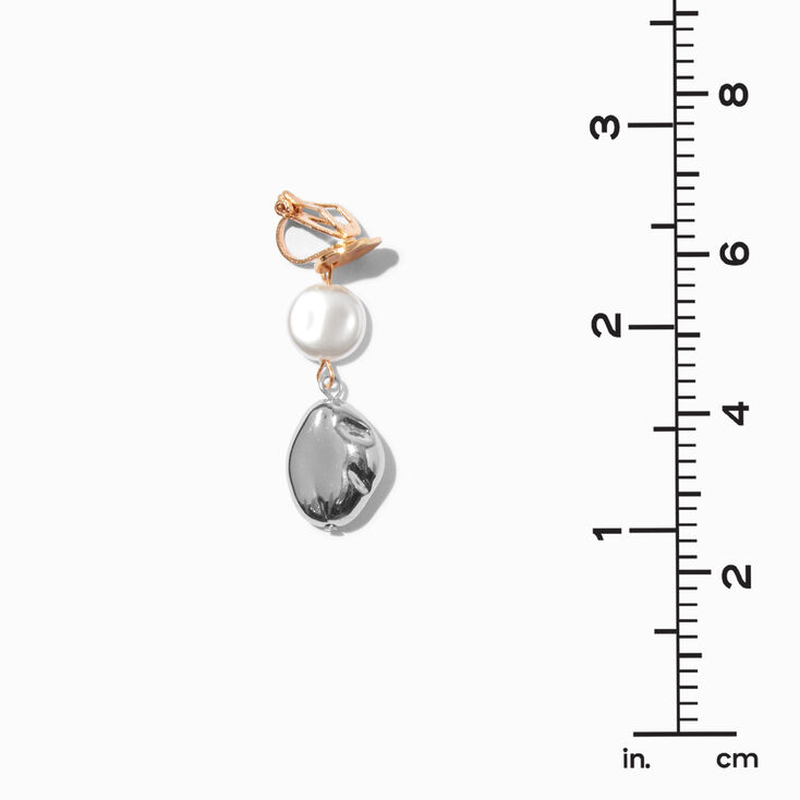Mixed Metal Pearl Hammered 2&quot; Clip-On Drop Earrings,