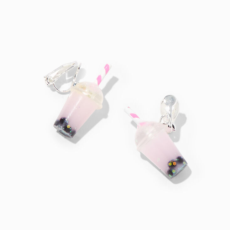 Silver-tone 0.5&quot; Pink Bubble Tea Clip On Drop Earrings,