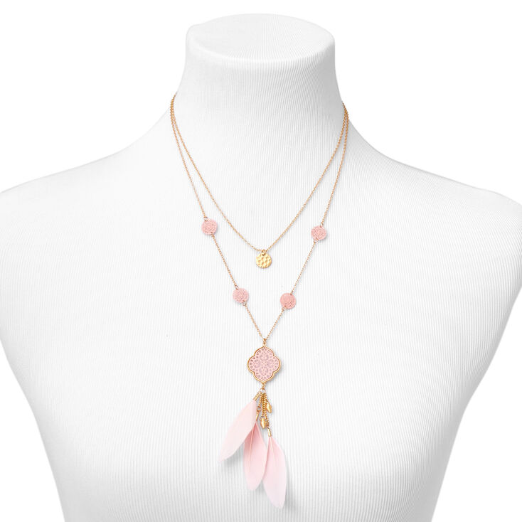 Gold Medallion Feather Multi Strand Pendant Necklace - Pink,