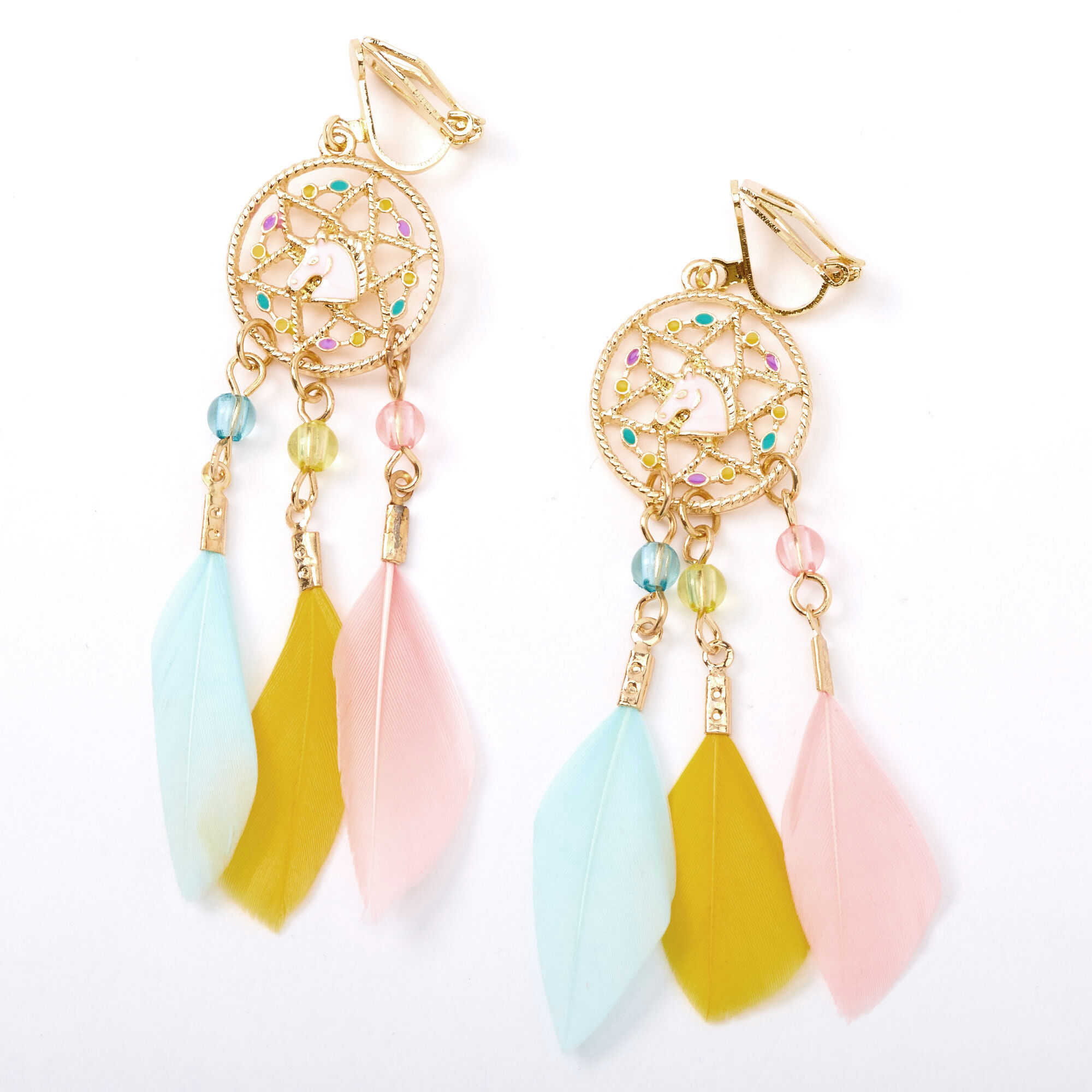 View Claires Tone 25 Pastel Unicorn Dreamcatcher Clip On Drop Earrings Gold information