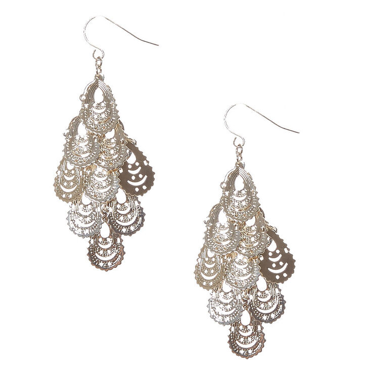 Silver Tone Filigree Teardrop Chandelier Earrings Claire S Us Silver Tone Filigree Teardrop Chandelier Earrings