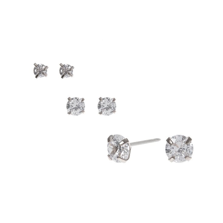 Silver Cubic Zirconia Round Stud Earrings - 3MM, 4MM, 6MM,