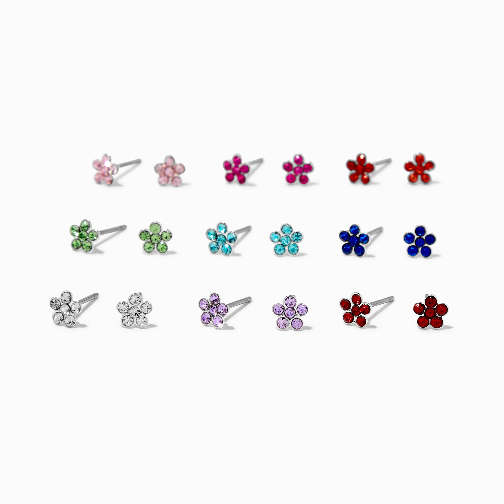 View Claires Multicoloured Flower Crystal 4MM Stud Earrings 9 Pack Silver information