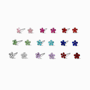 Multicolored Crystal Flower 4mm Stud Earrings - 9 Pack ,