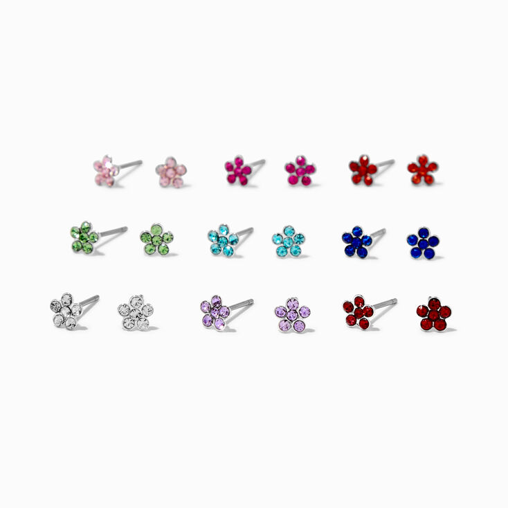 Multicolored Crystal Flower 4mm Stud Earrings - 9 Pack ,