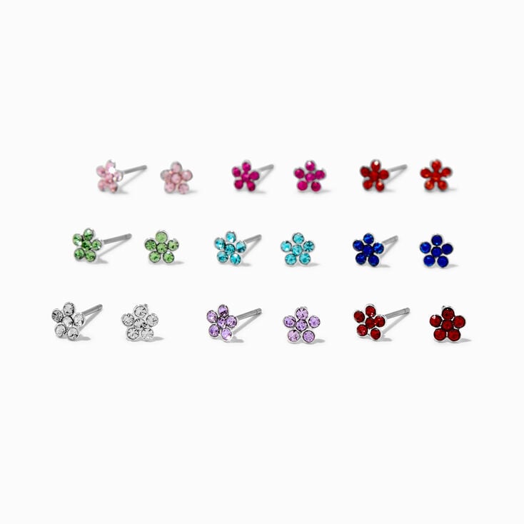 Multi Color Flower 4MM Stud Earrings - 9 Pack ,