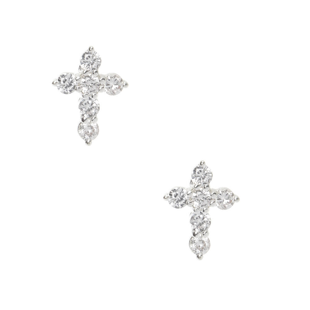 Sterling Silver Pave Clear Cubic Zirconia Cross Post Stud Earrings