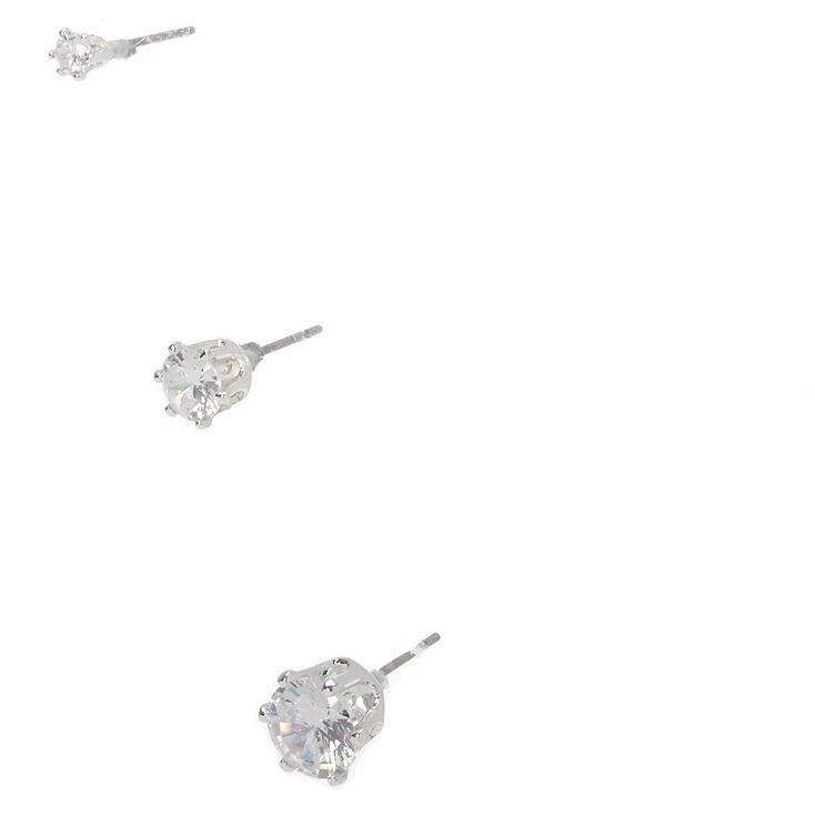 Silver Cubic Zirconia Round Stud Earrings - 3MM, 5MM, 7MM,