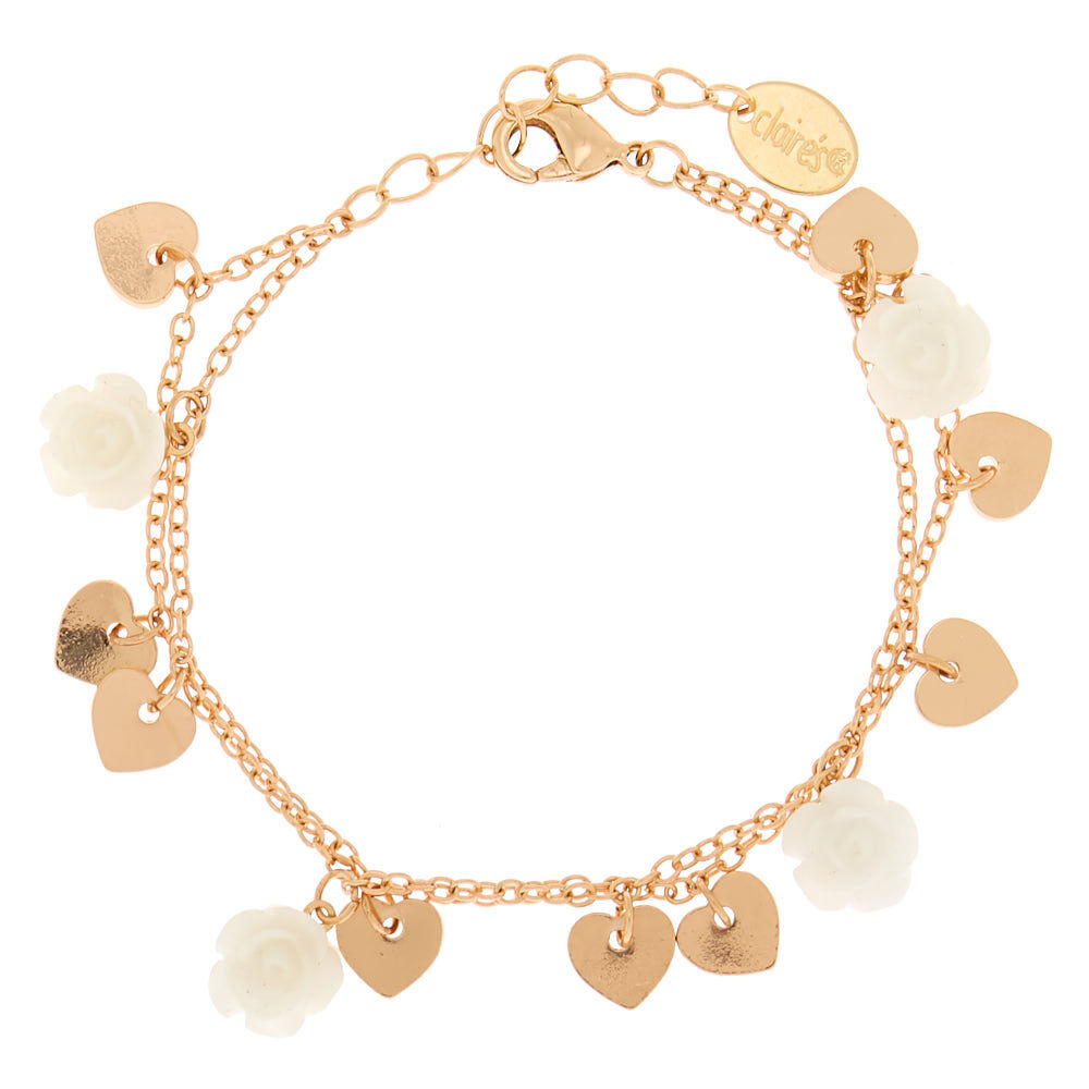 Rose Gold Floral Charm Bracelet - White,