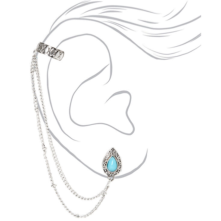 Silver Antique Teardrop Ear Connector Earrings - Turquoise,