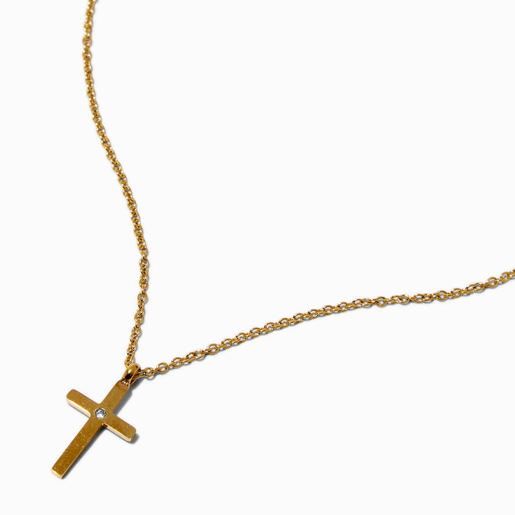 Collier &agrave; pendentif croix en strass et en acier inoxydable couleur dor&eacute;e,