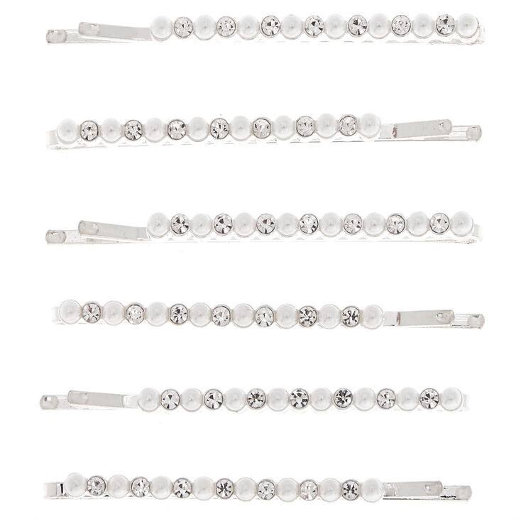 Silver Faux Crystal &amp; Pearl Hair Pins - 6 Pack,
