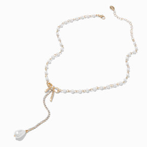 Gold-tone Cubic Zirconia Pearl Bow Y-Neck Pendant Necklace,