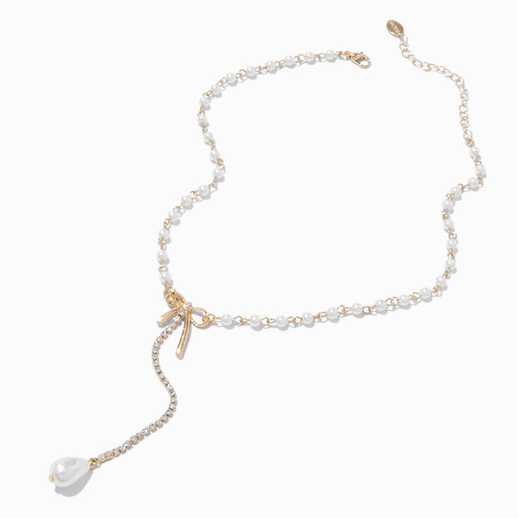 Gold-tone Cubic Zirconia Pearl Bow Y-Neck Pendant Necklace,
