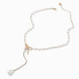Gold-tone Cubic Zirconia Pearl Bow Y-Neck Pendant Necklace,