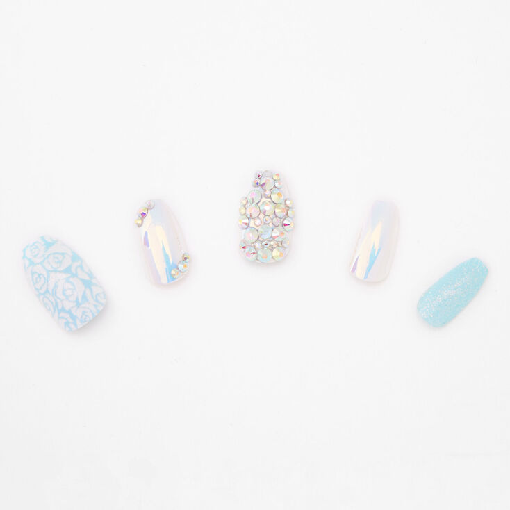 Faux ongles ballerine luxueux aux designs floraux avec strass et paillettes - Turquoise, lot de 24,