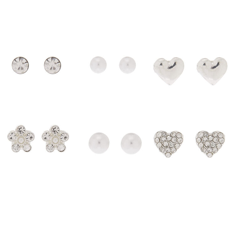 Silver Heart Stud Earrings - 6 Pack,