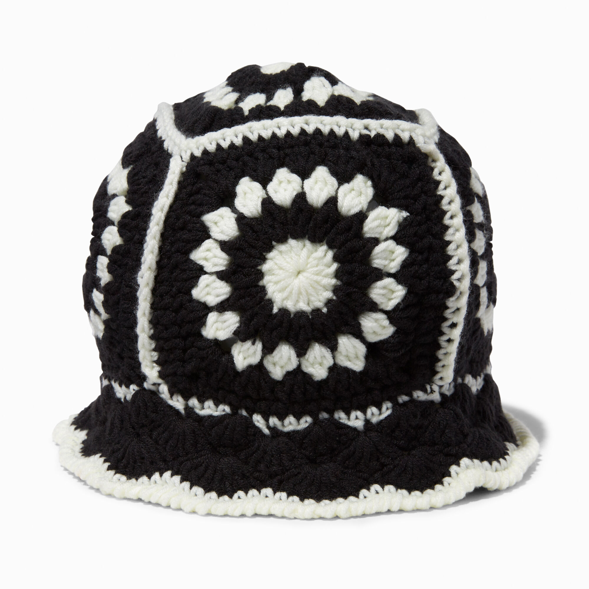 View Claires Black Floral Crochet Bucket Hat White information