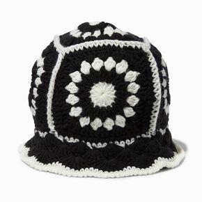 Black &amp; White Floral Crochet Bucket Hat,