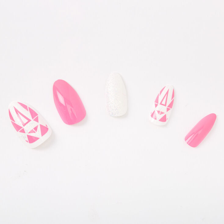 Claire's Faux ongles stiletto avec strass géométriques fluo - Rose, lot de 24