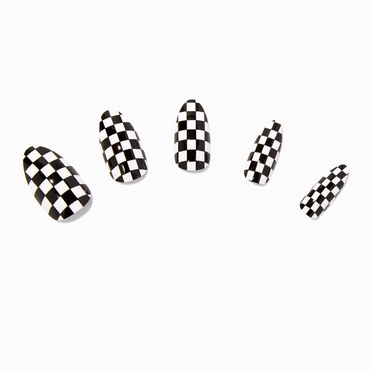 Black &amp; White Checkered Stiletto Vegan Faux Nail Set - 24 Pack,