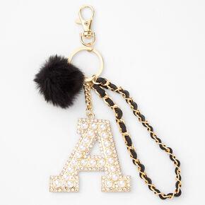Gold Bling Initial Pom Pom Keychain - Black, A,
