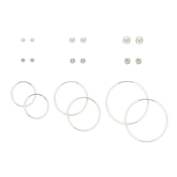 Silver Graduated Mixed Earrings &#40;9 Pack&#41;,