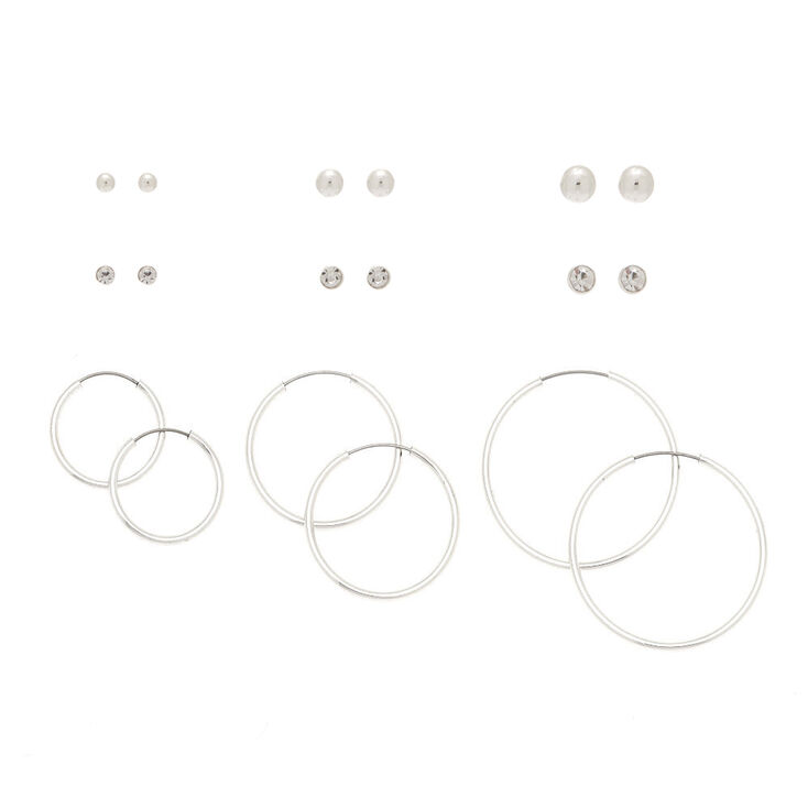Silver-tone Graduated Crystal Mixed Hoop &amp; Stud Earrings - 9 Pack,
