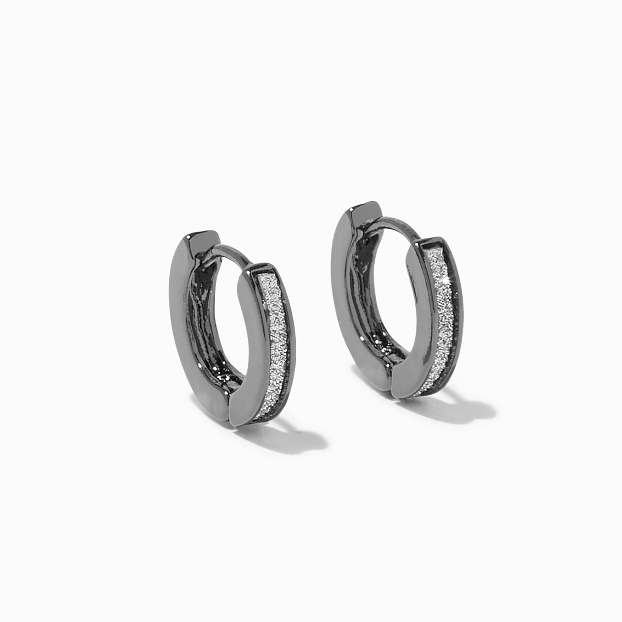 View Claires Hematite Glitter Top Huggie Hoop Earrings information