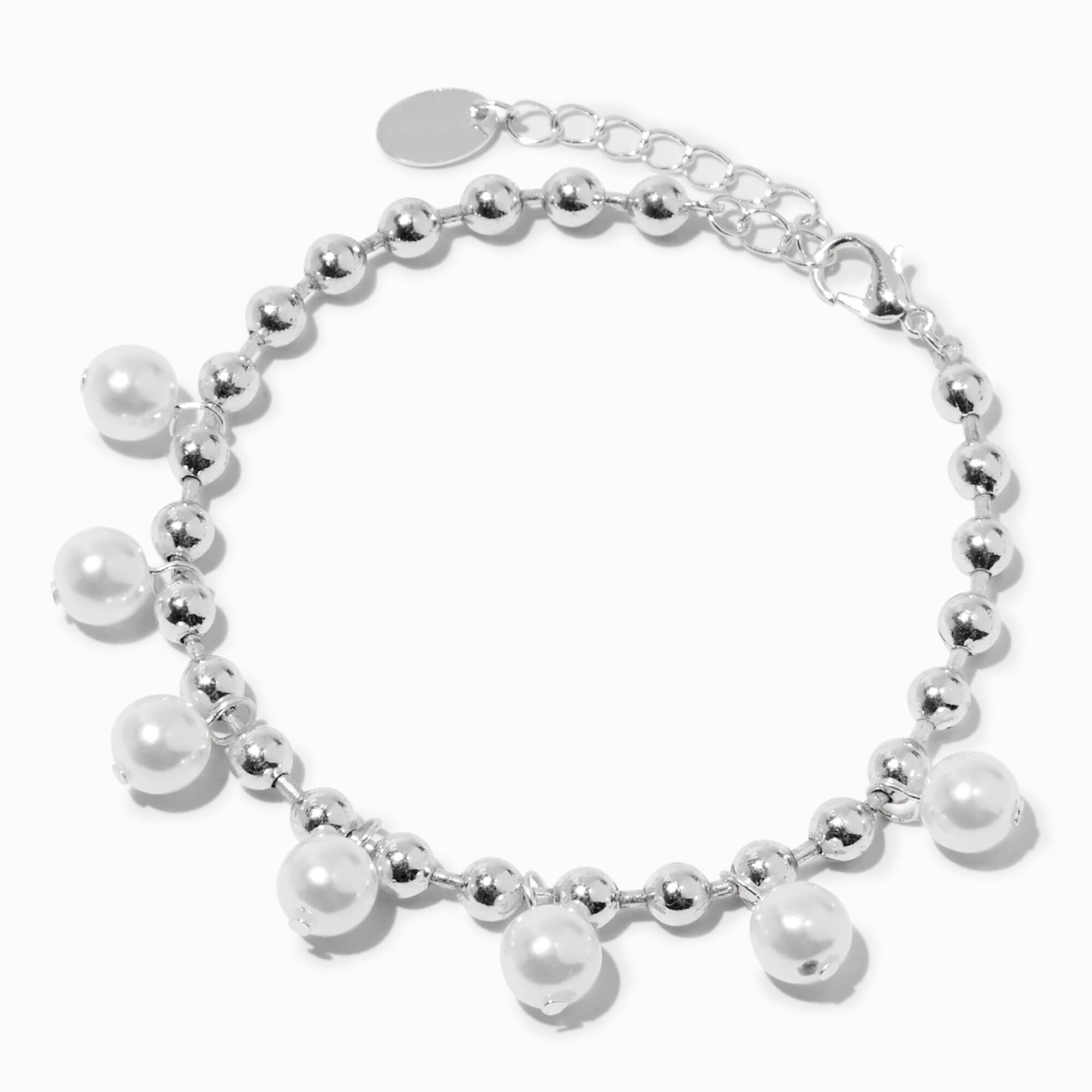 View Claires Tone Pearl Charm Chain Bracelet Silver information