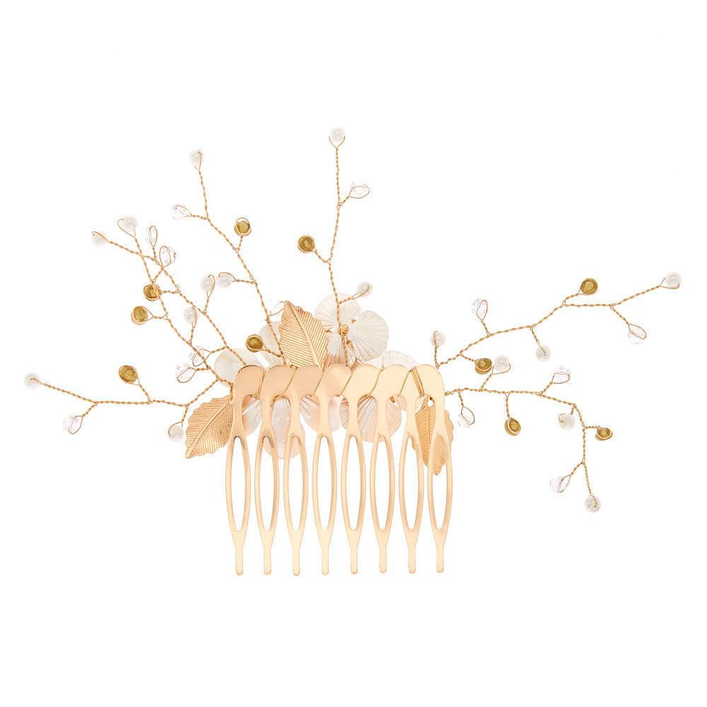 Gold Floral Hair Comb - White,
