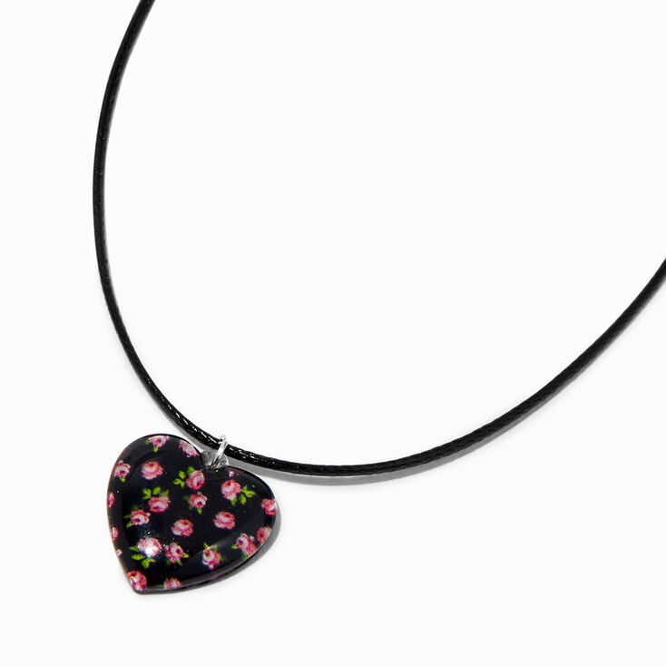 Rose Heart Black Cord Pendant Necklace,
