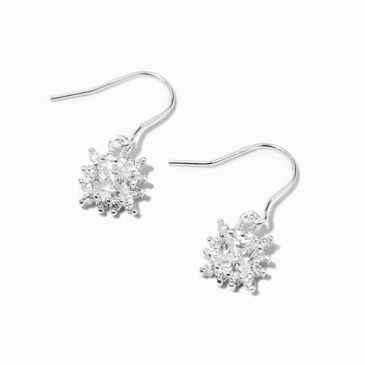 Sterling Silver .5&quot; Cubic Zirconia Square Halo Drop Earrings,