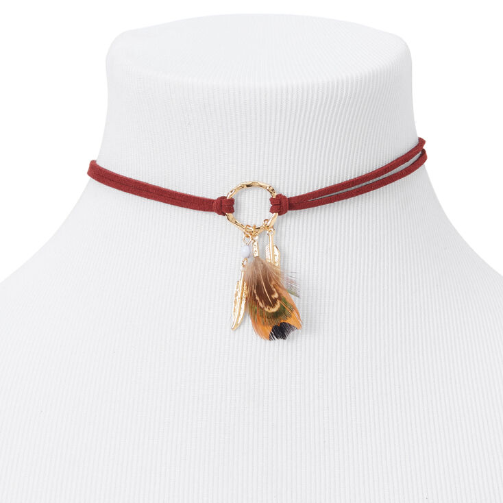Gold Feather Suede Choker Necklace - Burgundy,