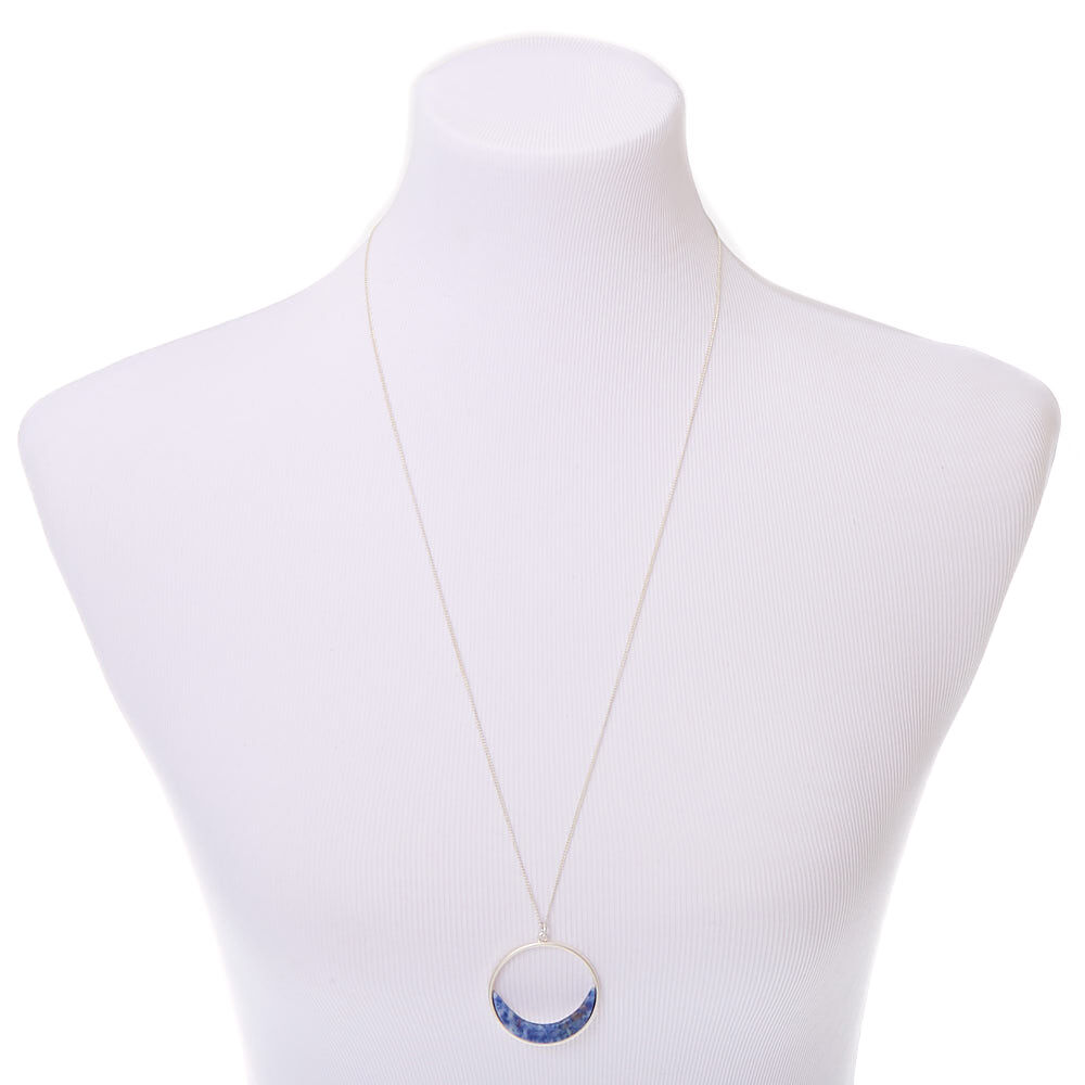 Silver Lapis Lazuli Crescent Moon Long Pendant Necklace - Blue,