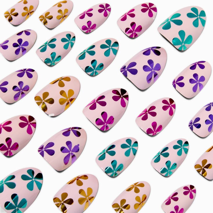 Chrome Floral Short Almond Vegan Faux Nail Set - 24 Pack,