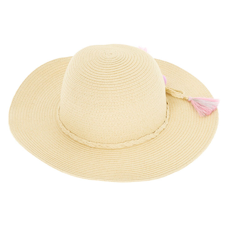 Claire&#39;s Club Pom Pom Floppy Straw Hat - Tan,
