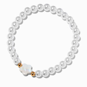 White Flower&amp; Silver-tone Beaded Stretch Bracelet,